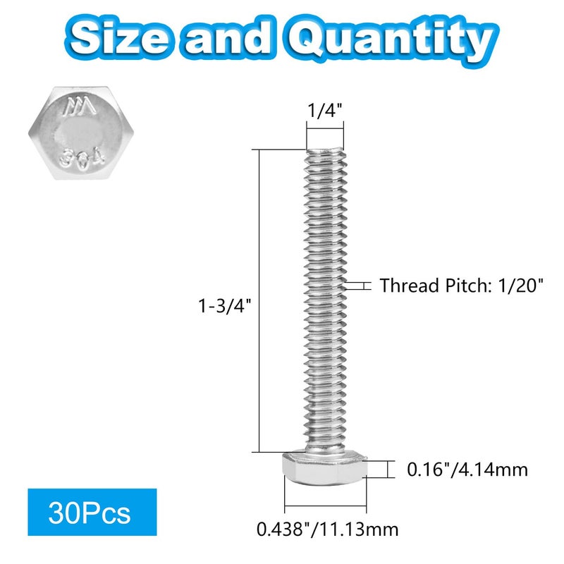 Yinpecly 30Pcs 1/4-20 x 1-3/4" Hex Bolts,1/4"-20 Hex Head Cap Screws Hexagon Bolts, 304 Stainless Steel, External Hex Drive, UNC Coarse Thread Fully Threaded - Image 2